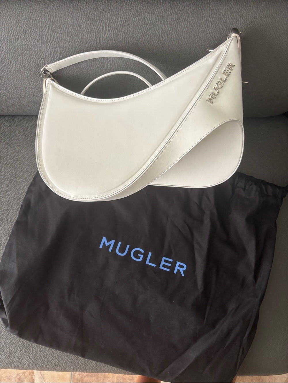 Mugler White Crescent Shoulder Bag with Textured Logo
